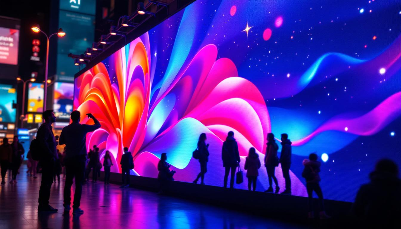 A photograph of a vibrant led display showcasing a clear conversion of 16 feet to meters