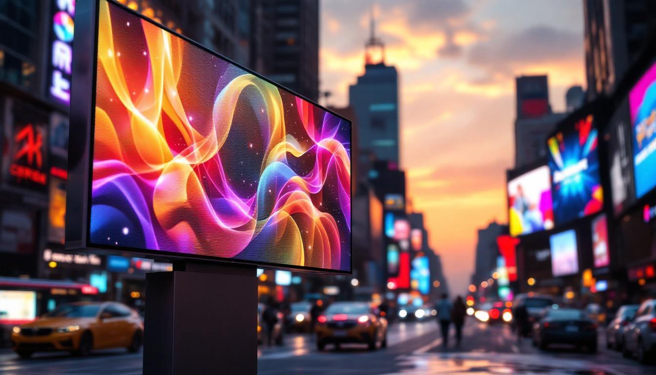 A photograph of a vibrant led display in a bustling urban environment