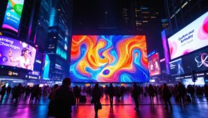 A photograph of a vibrant led display in a dynamic urban setting
