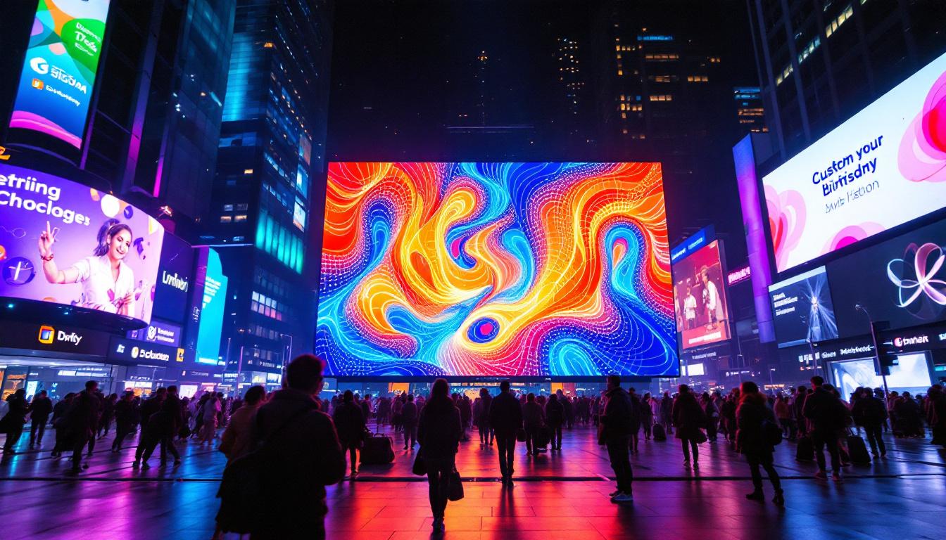 A photograph of a vibrant led display in a dynamic urban setting
