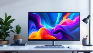 A photograph of a sleek led monitor displaying vibrant