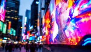 A photograph of a vibrant led display board in a busy urban setting