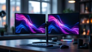 A photograph of capture a photograph of a sleek dual screen holder showcasing two vibrant led displays side by side