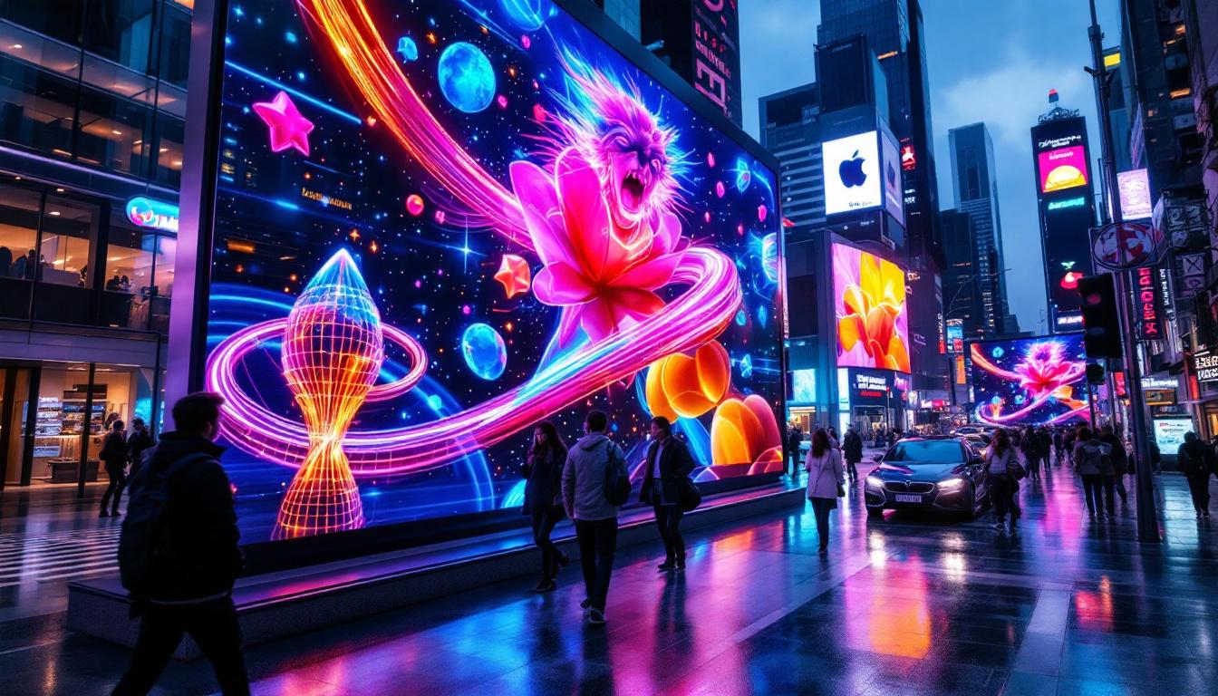 A photograph of a vibrant led display in an urban setting