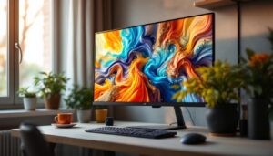 A photograph of a 22-inch led monitor displaying vibrant