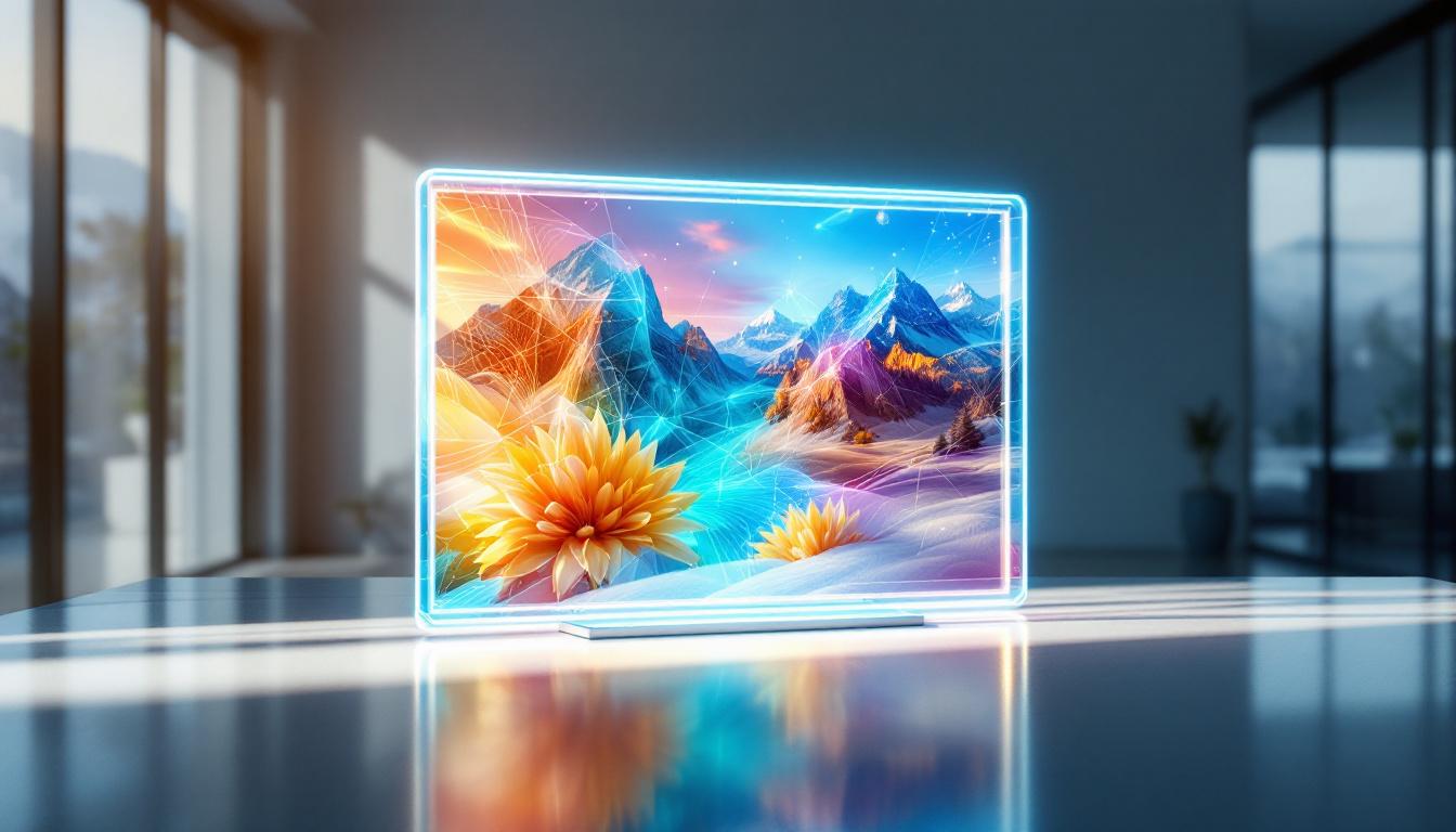 A photograph of a transparent lcd screen displaying vibrant images or graphics