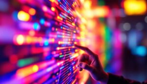 A photograph of a close-up shot of a vibrant led display in use