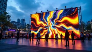 A photograph of a vibrant outdoor setting showcasing a large led display screen in use