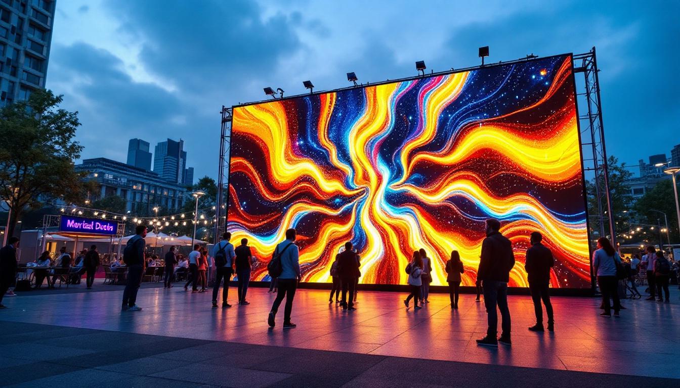 A photograph of a vibrant outdoor setting showcasing a large led display screen in use