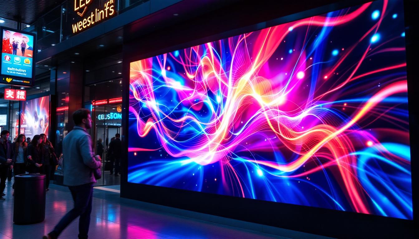 A photograph of a vibrant led digital signage display in an urban setting