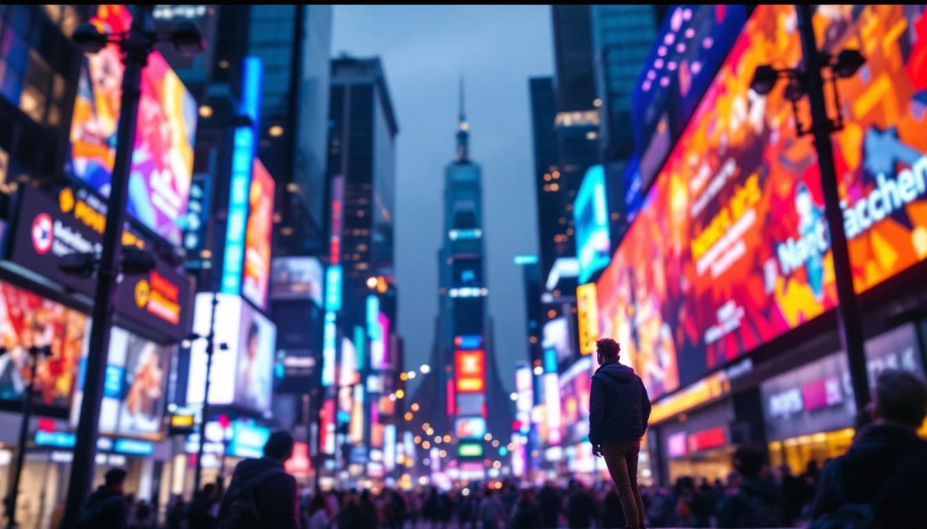 A photograph of capture a photograph of a vibrant led display in a bustling urban setting