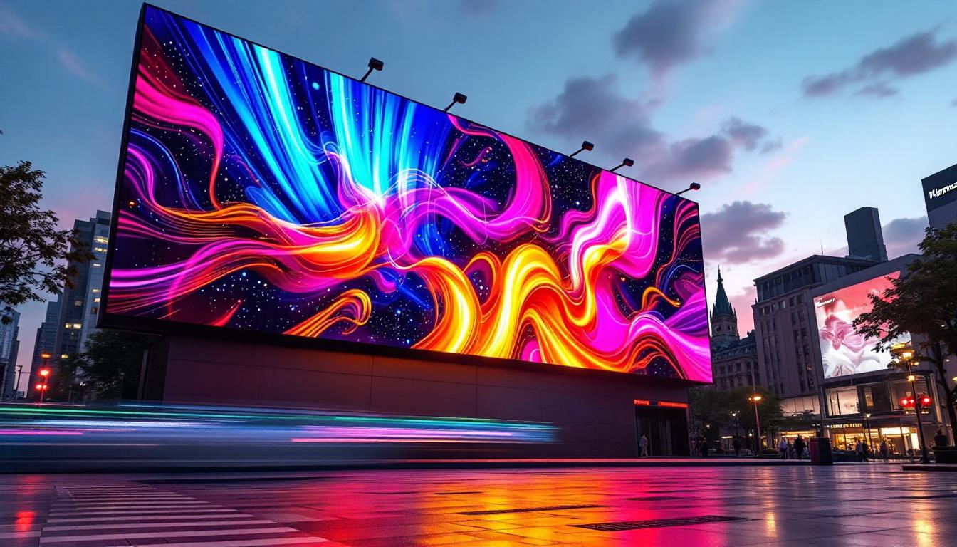 A photograph of a vibrant led display in an urban setting at dusk