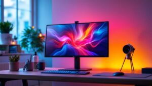 A photograph of a sleek and modern desktop monitor stand featuring an led display in a well-organized workspace