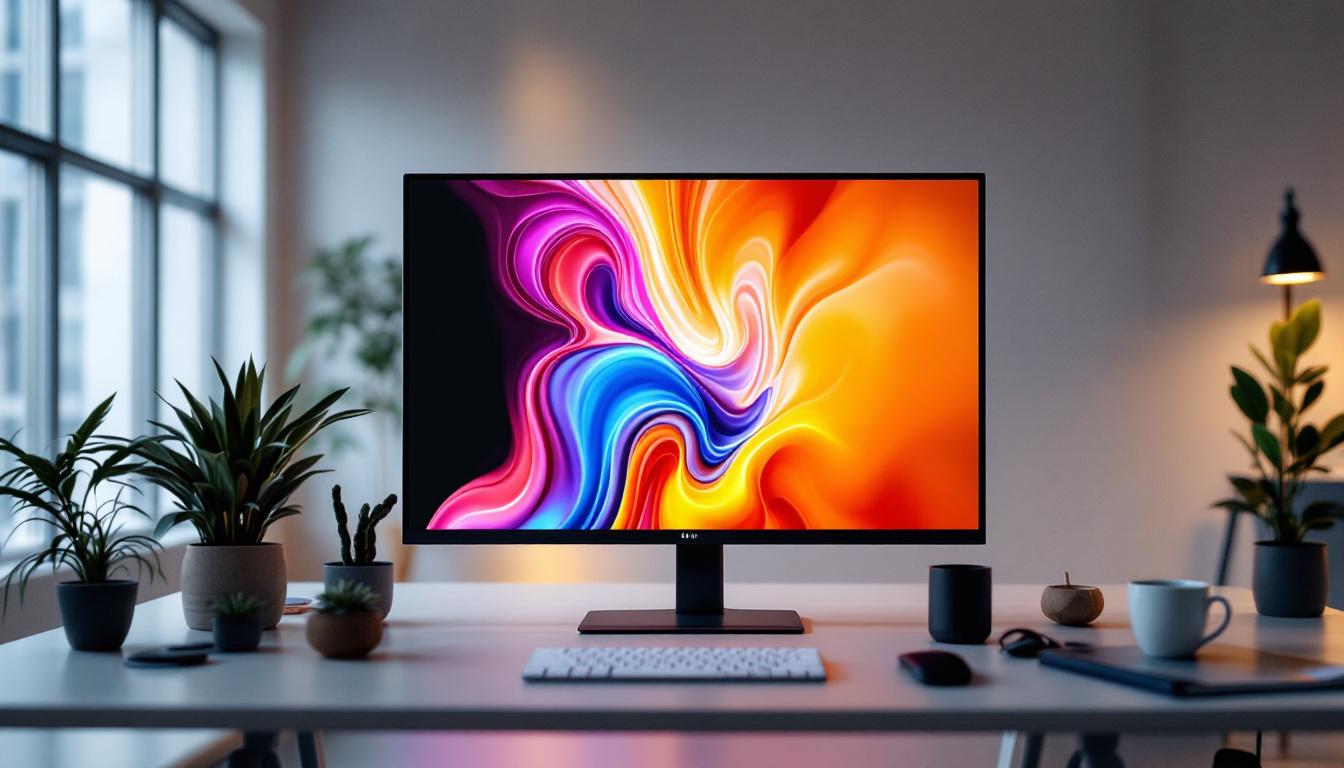 A photograph of a large flat panel led monitor displaying vibrant