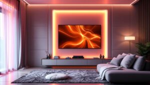 A photograph of a stylish interior featuring wall paneling enhanced by a vibrant led display