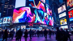 A photograph of a vibrant led display showcasing dynamic graphics and colors in a bustling urban environment