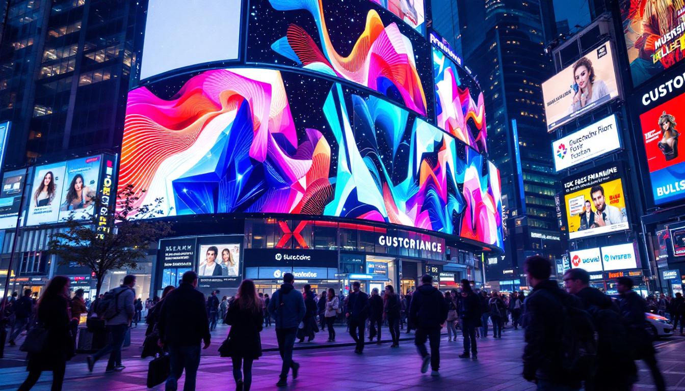 A photograph of a vibrant led display showcasing dynamic graphics and colors in a bustling urban environment