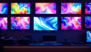 A photograph of a vibrant display of various led televisions in a retail setting