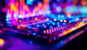 A photograph of a close-up shot of a transparent microled display in action