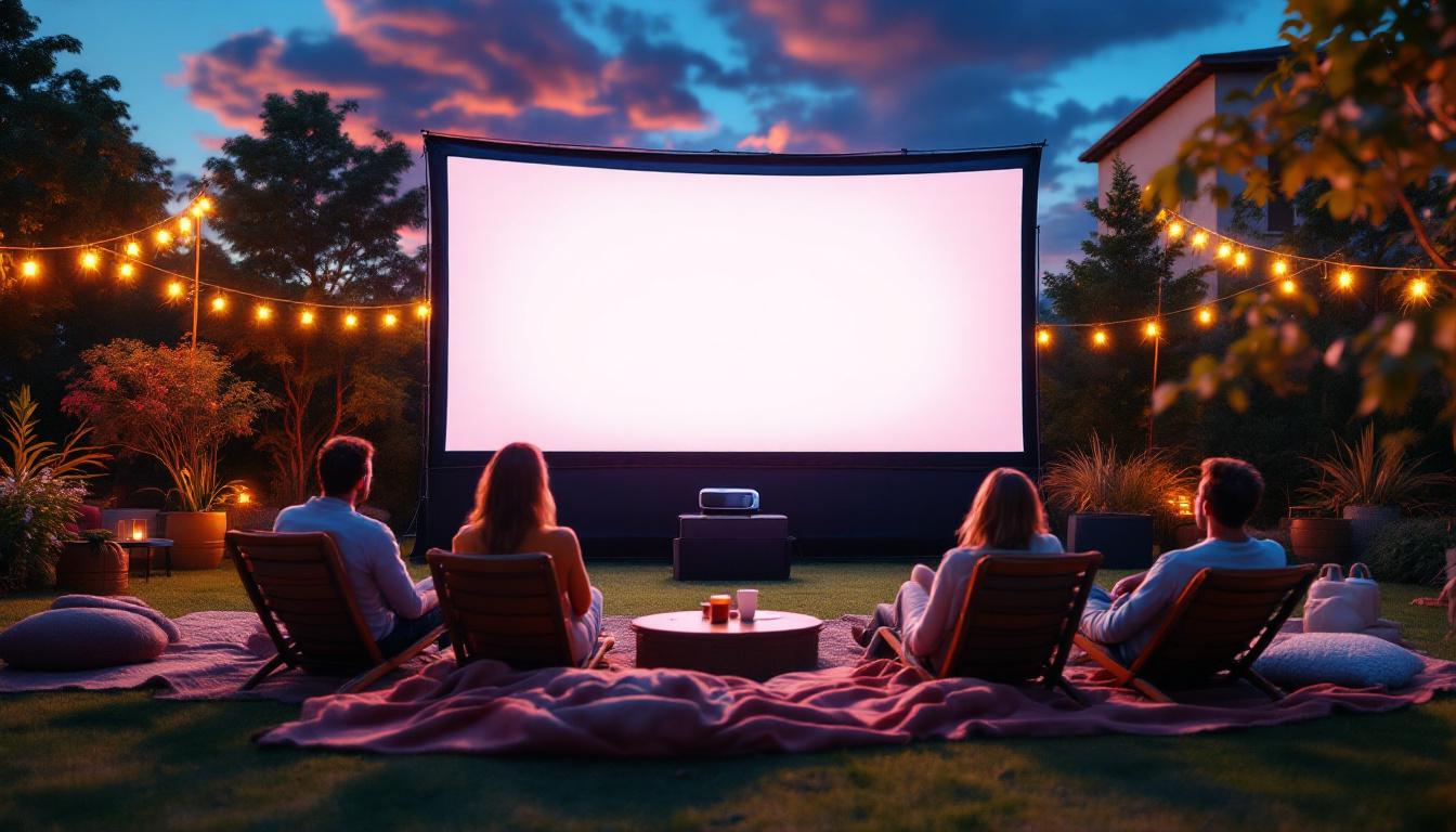 A photograph of a vibrant outdoor movie setup featuring a large led projector screen