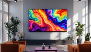 A photograph of a dynamic video wall displaying vibrant