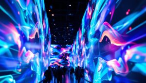 A photograph of a vibrant led display showcasing dynamic visuals and colors