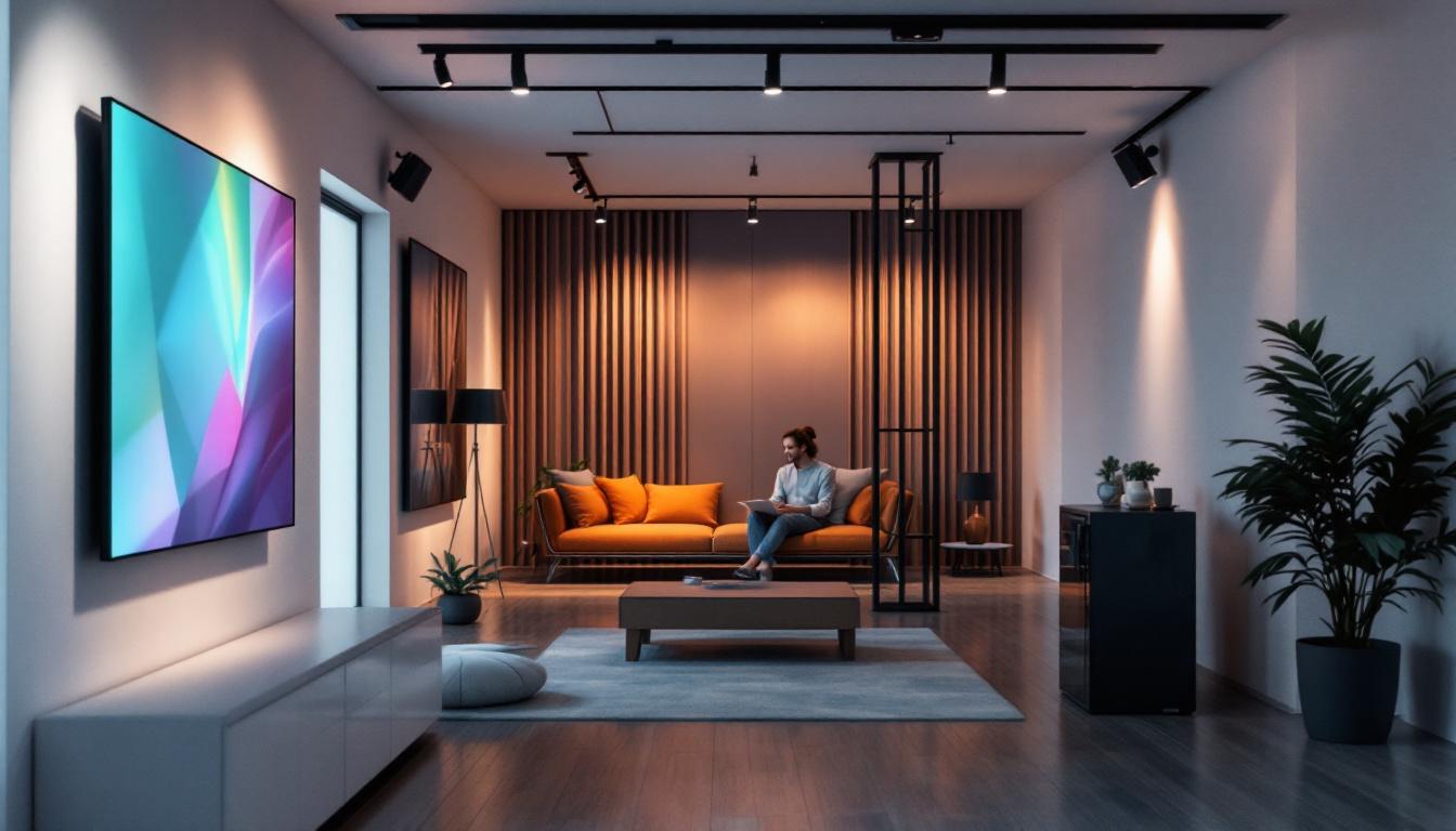 A photograph of capture a photograph of a modern interior space featuring sleek track lighting with led displays