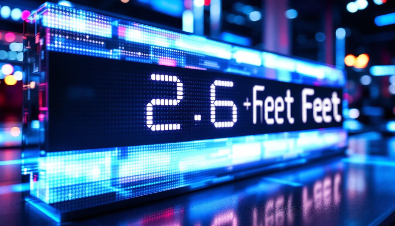 A photograph of a sleek led display showcasing a digital conversion of 2.6 meters to feet