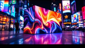 A photograph of a large led display box in a vibrant urban setting