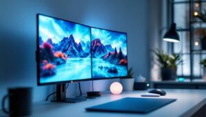 A photograph of a modern workspace featuring two led displays side by side