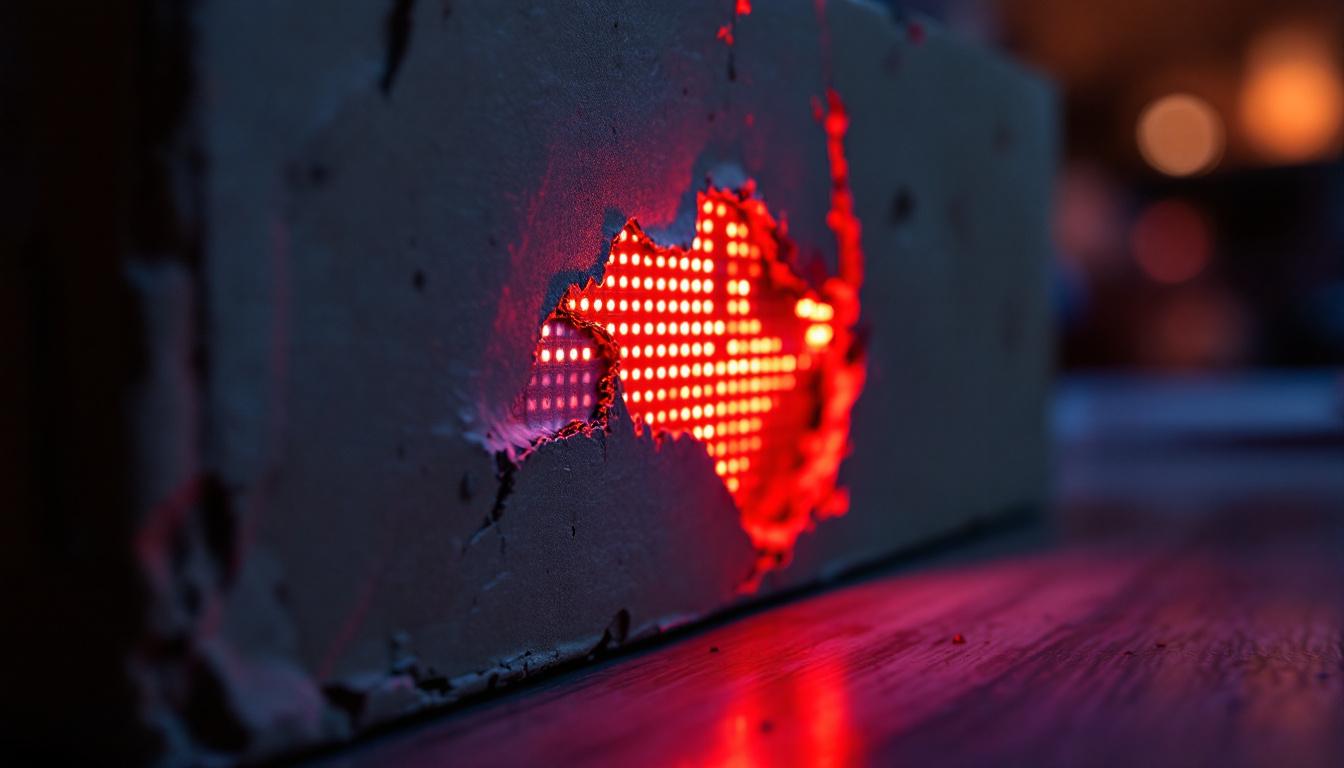 A photograph of a close-up shot of a damaged box with an led display partially visible