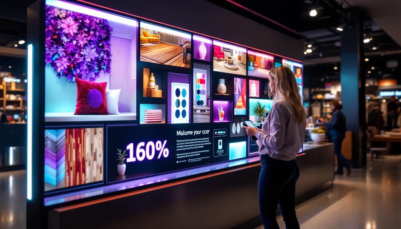 A photograph of a vibrant and well-lit led display showcasing various floor and decor products in a retail setting