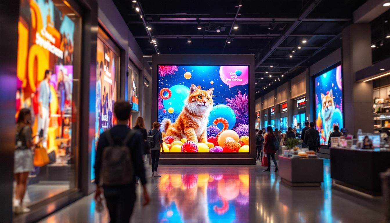A photograph of a vibrant retail environment featuring an eye-catching led display showcasing promotional content