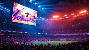A photograph of a vibrant sports venue showcasing a large led display in action