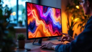 A photograph of capture a photograph of a sleek hp touch screen computer monitor displaying vibrant visuals