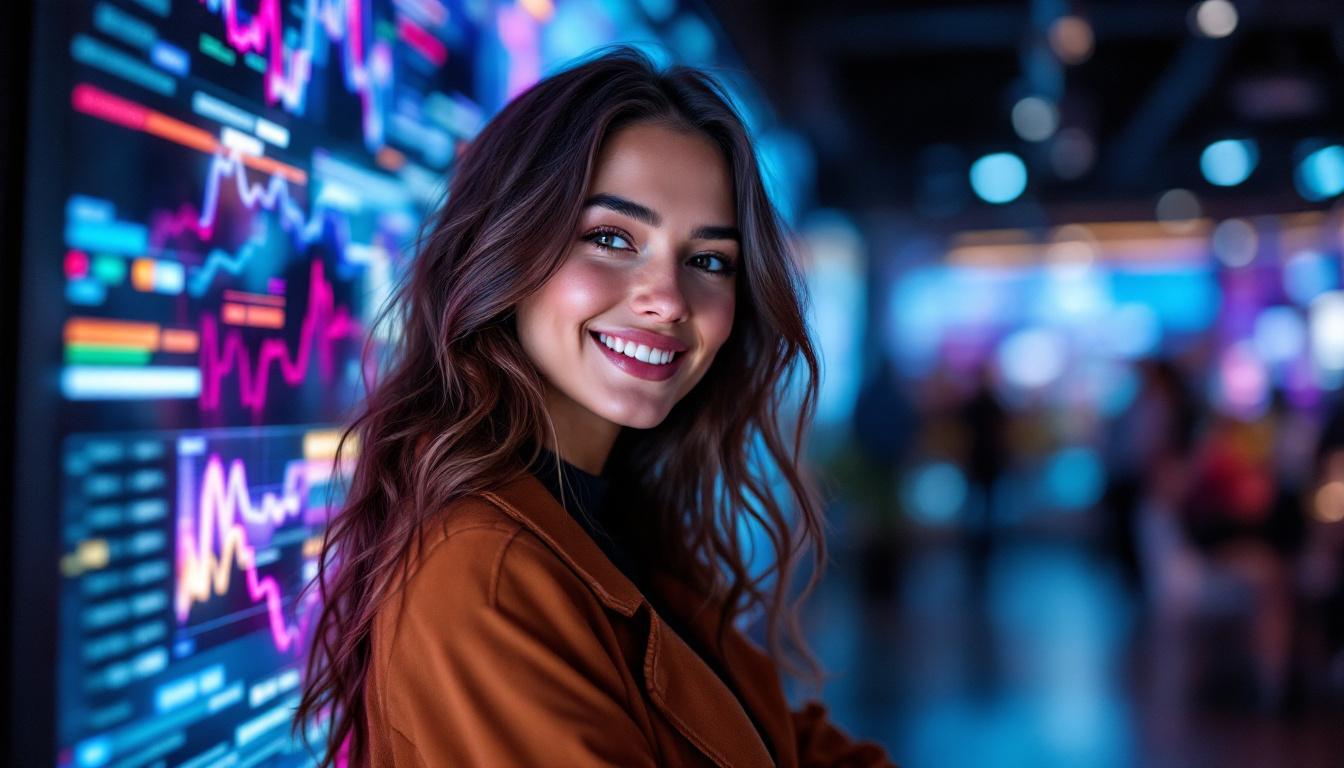 A photograph of a confident model posing in front of a vibrant led display