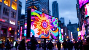 A photograph of capture a photograph of a vibrant led display in a bustling portland street