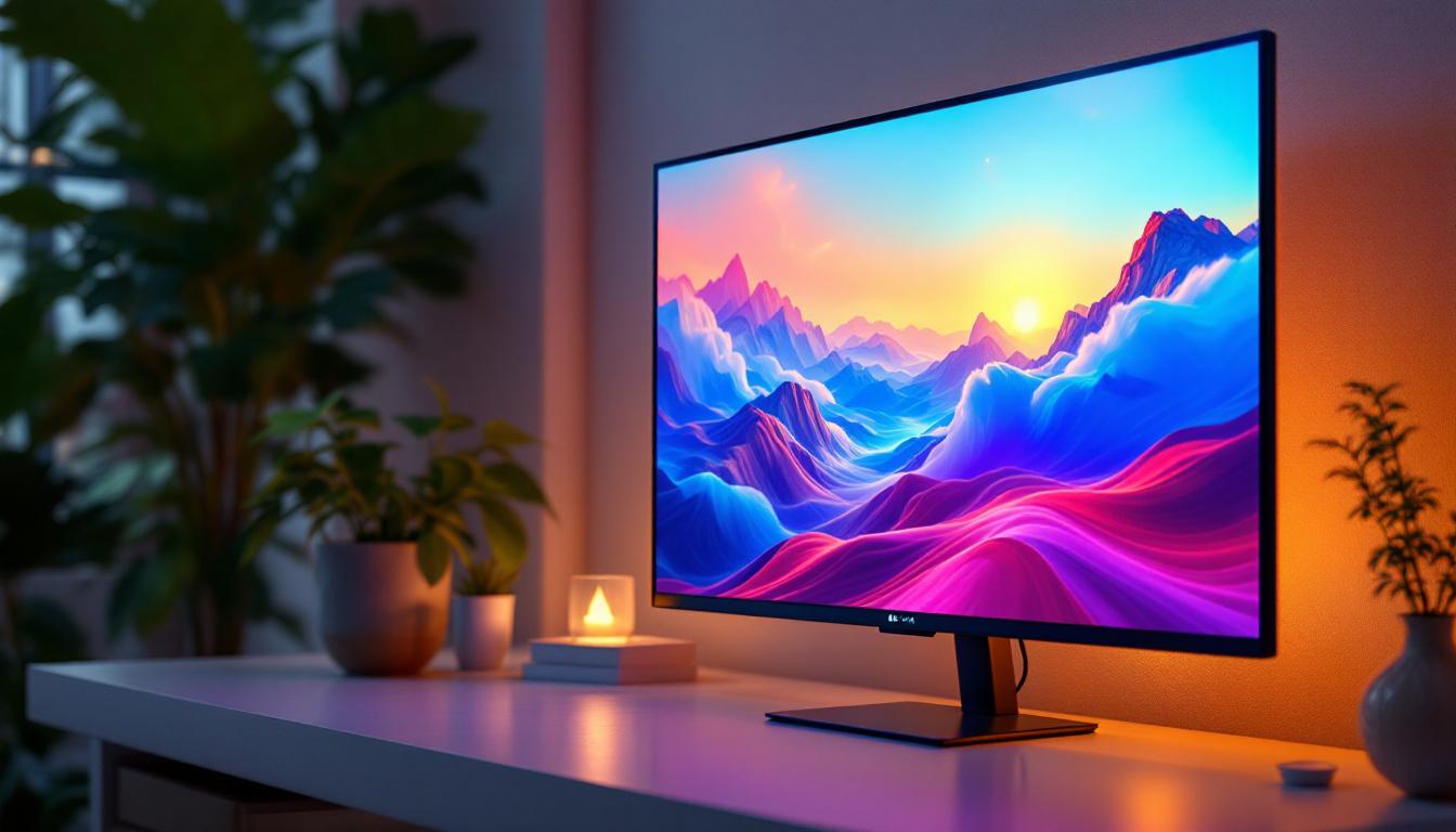 A photograph of a sleek 24-inch led display showcasing vibrant colors and sharp visuals in a modern setting