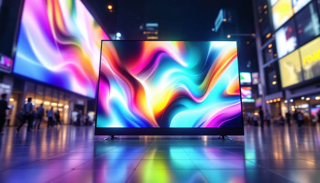 A photograph of a vibrant led display showcasing various screen sizes in a dynamic urban setting