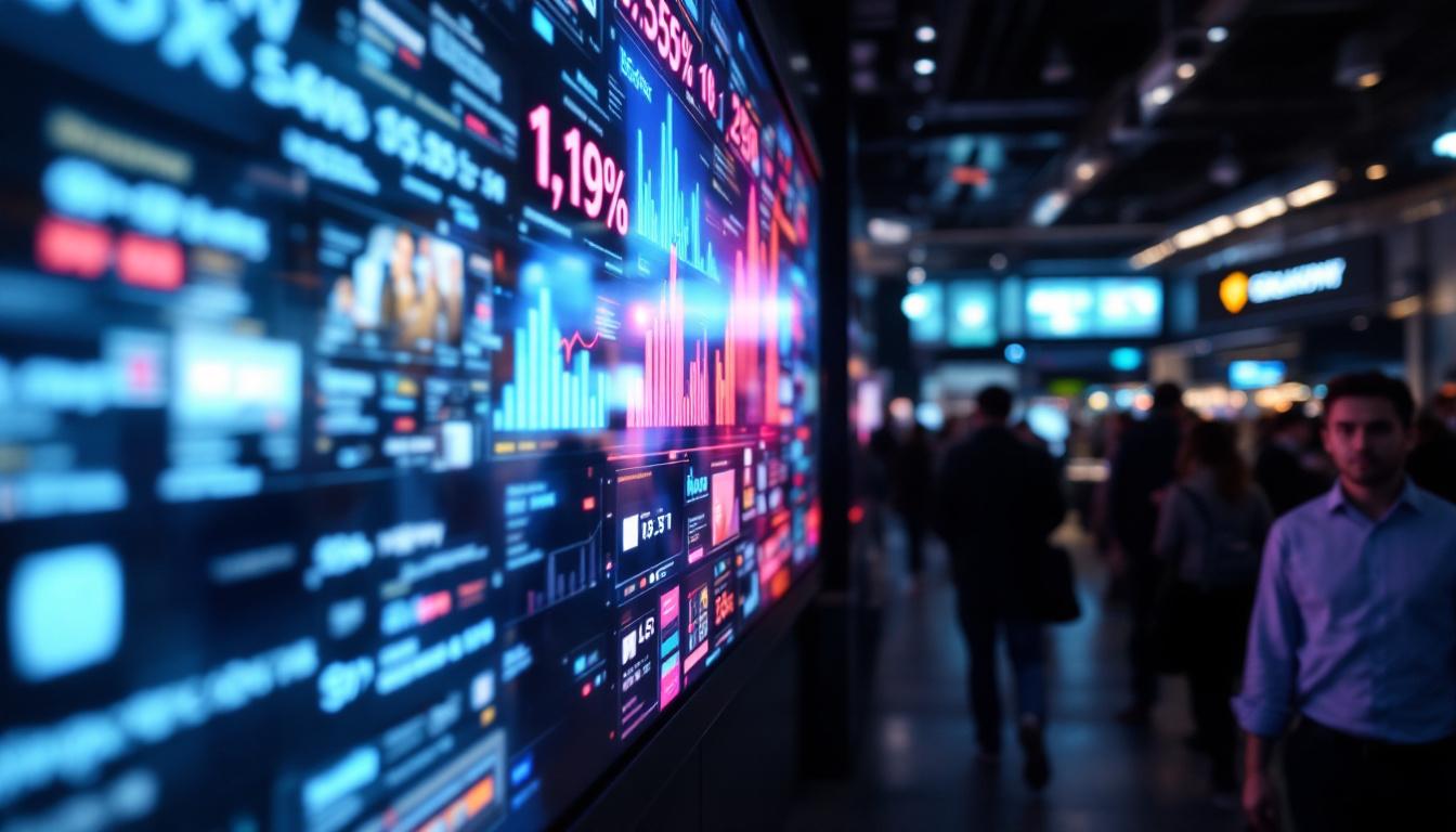 A photograph of a vibrant led display board in a busy business environment