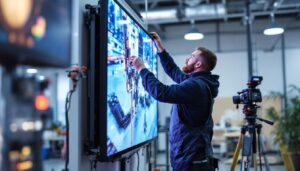 A photograph of capture a photograph of a technician expertly installing an led display