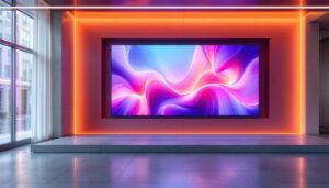 A photograph of a modern architectural wall featuring an integrated led display
