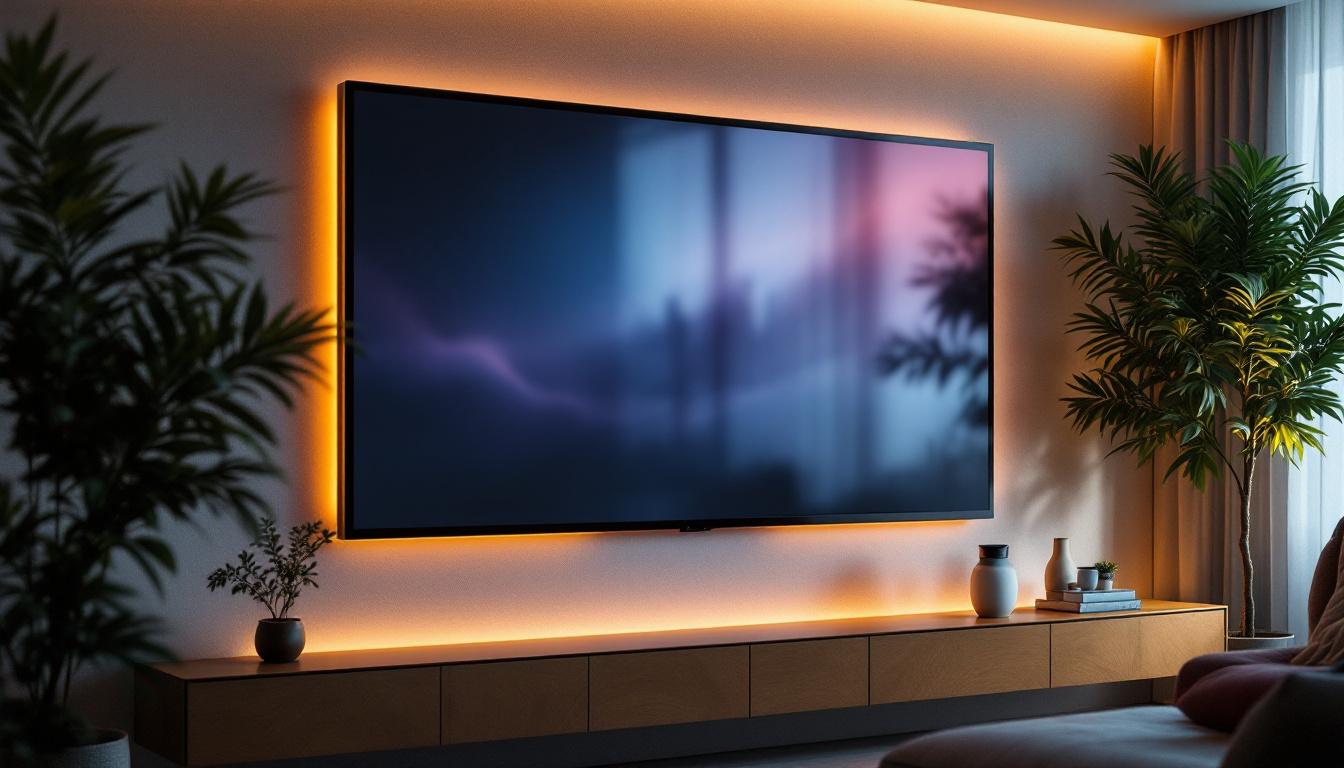 A photograph of a modern wall-mounted projector screen in a stylish home setting