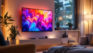 A photograph of a stylish corner-mounted tv setup in a modern living room