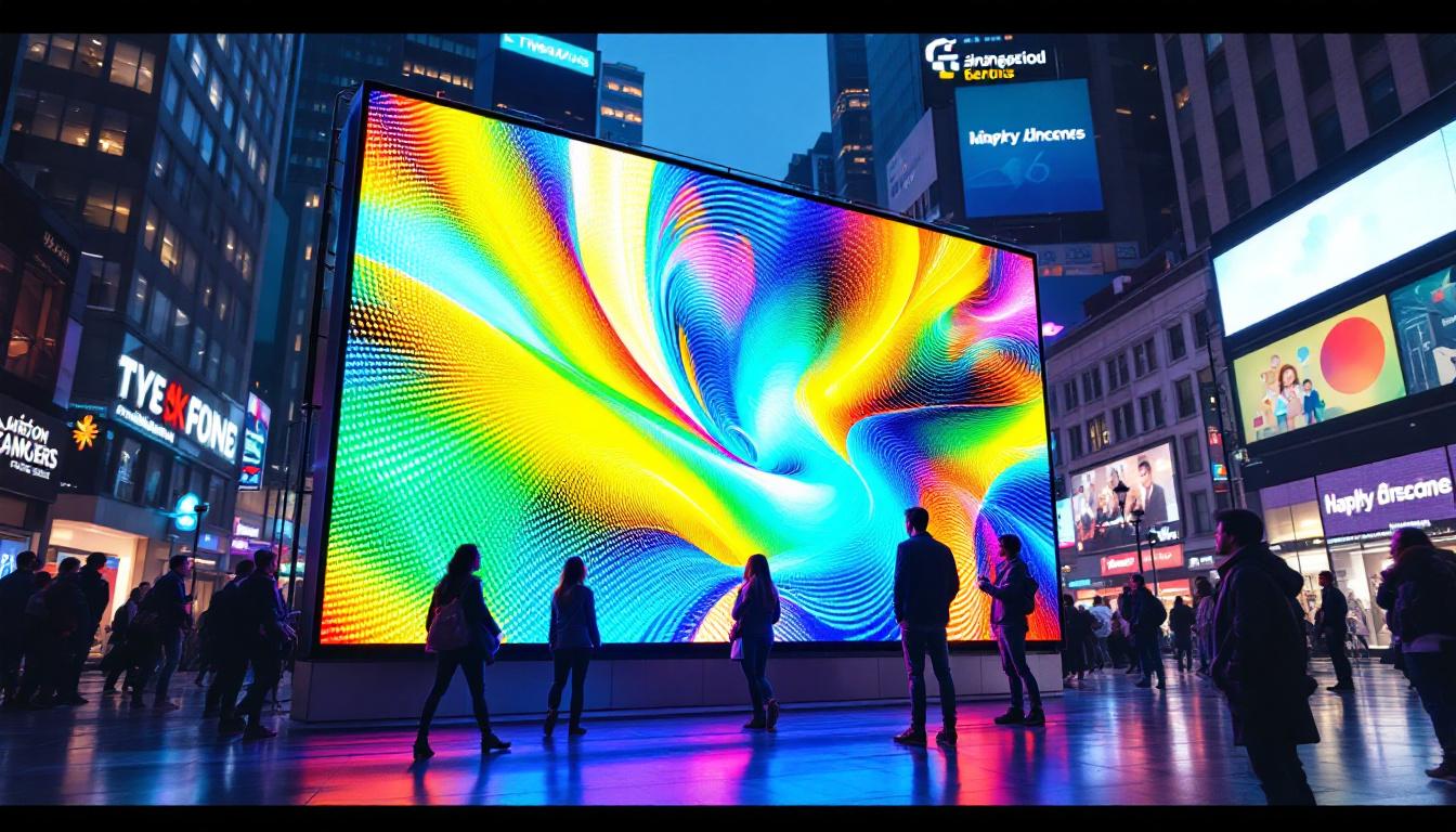 A photograph of a vibrant led display in a dynamic urban setting