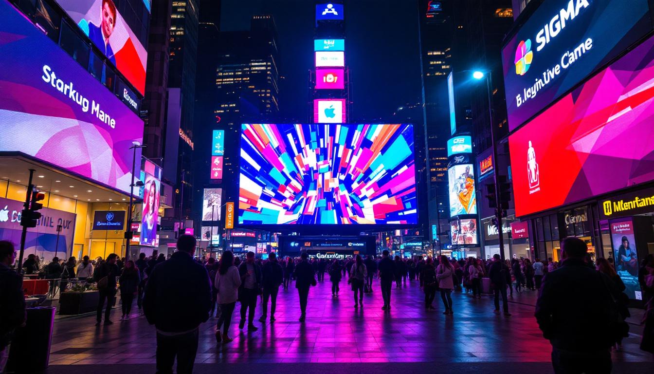 A photograph of capture a photograph of a vibrant led display in an urban setting