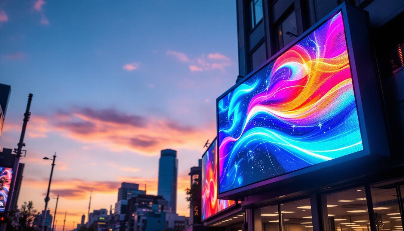 A photograph of a vibrant led marquee display in an urban setting at dusk