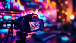 A photograph of a close-up shot of a camera focusing on a vibrant led monitor screen displaying colorful images