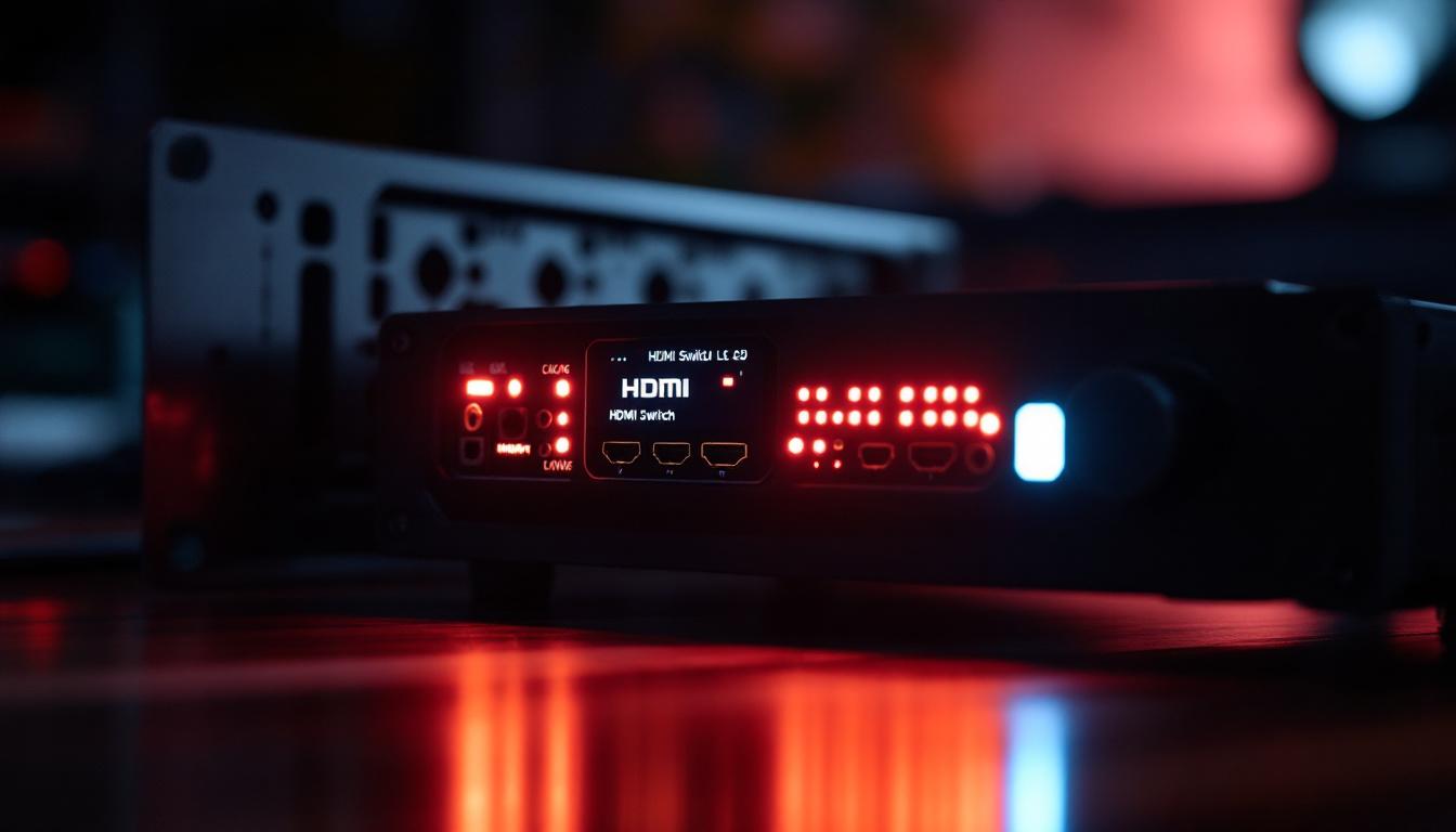 A photograph of capture a photograph of a rack-mounted hdmi switch with an illuminated led display