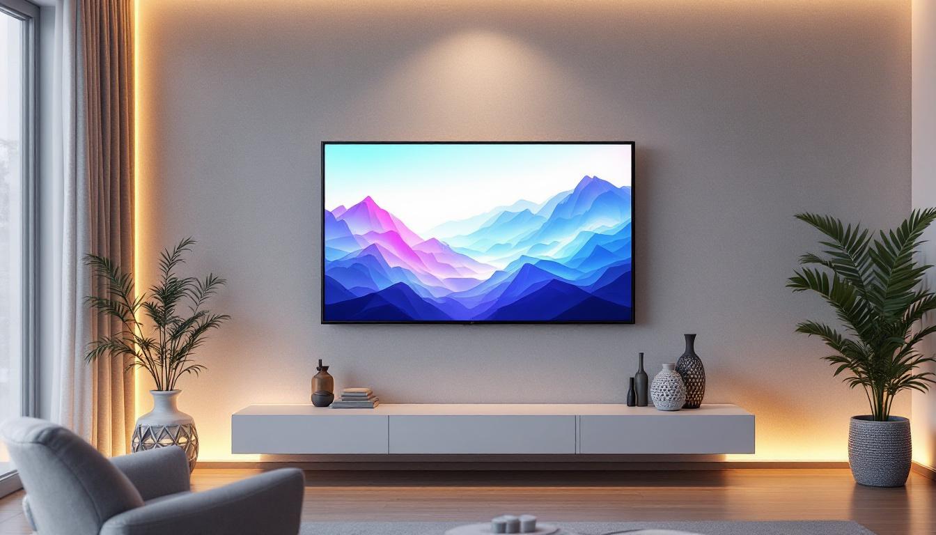 A photograph of a modern living room featuring a sleek wall-mounted led tv